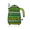 Teapot or electric kettle isolated on white. Household appliances. Electronic device. Ethnic design ornament. Home
