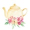 Teapot Flowers Watercolor Foliage Afternoon Tea Floral Arrangement