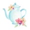 Teapot Flowers Watercolor Pastel Blue Foliage Afternoon Tea Floral Arrangement