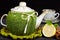 Teapot with handmade knitted cover, lemon, cinnamon, mint