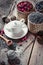 Teapot and herbal tea assortment: lavender, roses, green tea