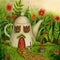 Teapot house in the forest with flowers and well.