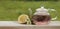 Teapot with lemon tea on a background of nature