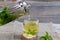 A teapot with mint tea and a mug on a wooden background.A soothing, healthy drink.Summer tea