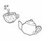 Teapot pouring tea into a tea cup line art illustration