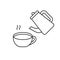 Teapot, steam, cup with hot water. Linear icons set for packaging tea, coffee, herbal collection. Black illustration of brewing,