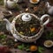 A teapot surrounded by a variety of loose tea leaves in different colors and shapes1