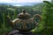 teapot with view of lush, green forest