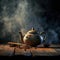 a teapot on a wooden table sits on a table next to some spices on a dark background