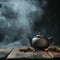 a teapot on a wooden table sits on a table next to some spices on a dark background
