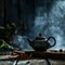 a teapot on a wooden table sits on a table next to some spices on a dark background