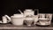 Teapots and cups on display at HOMI, home international show in Milan, Italy