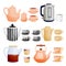 Teapots, tea cups vector illustration. Ceramic, glass, porcelain utensil icons set. Kitchenware isolated design elements