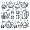 Teapots tea cups vector sketch illustration. Ceramic glass porcelain utensil icons. Kitchenware isolated design elements