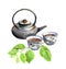 Teatime: asian tea pot, teacup and green leaves. Watercolor