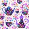 Teatime among flowers. Vector seamless pattern. Teapots and cups with beautiful floral ornament