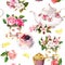 Teatime pattern: flowers, teacup, cake, teapot. Watercolor. Seamless background