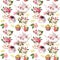 Teatime pattern: flowers, teacup, cake, teapot. Watercolor. Seamless background