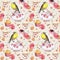 Teatime: tea pot, cup, cakes, rose flowers, bird. Seamless pattern. Watercolor