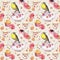 Teatime: tea pot, cup, cakes, rose flowers, bird. Seamless pattern. Watercolor