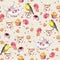 Teatime: tea pot, cup, cakes, rose flowers, bird. Seamless pattern. Watercolor