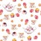 Teatime - teapot, tea cup, cakes, flowers. Seamless pattern. Watercolor