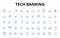 Tech banking linear icons set. Fintech, Blockchain, Cryptocurrency, Mobile banking, Machine learning, Artificial