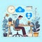 Tech illustration, man at desk surrounded by succulents, simple minimal,A minimalist tech illustration featuring a man seated at a