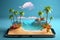 Tech meets paradise Isometric 3D beach, phone, palm trees, and serene blue sea