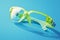 Tech protection gear Green glasses isolated on a blue backdrop