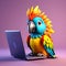 Tech-Savvy Parrot: 3D Rendered Cartoonish Image of a Parrot Using a Laptop on a Solid Background