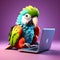 Tech-Savvy Parrot: 3D Rendered Cartoonish Image of a Parrot Using a Laptop on a Solid Background