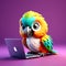 Tech-Savvy Parrot: A Cute 3D Render of a Parrot Using a Laptop on a Solid Color Background