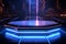 Tech showcase Metallic podium in futuristic setting, bathed in neon