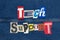TECH SUPPORT word collage from cut out tee shirt letters, customer service