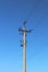 Technical picture of a three-cable medium voltage line. Tutorial. School material. Object on the background of a blue sky with clo