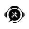 Technical Support Customer Service Silhouette Icon. Headphones and Repair Tools Pictogram. Online Information Hotline