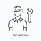 Technician flat line icon. Vector outline illustration of professional employee and wrench. Black thin linear pictogram