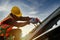 Technician Roofer worker in protective uniform wear and gloves, Construction worker install new roof,Roofing tools,Electric drill