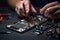 Technician's Hand Repairing Cell Phone Parts with Tools for Recovery and Smartphone Repair. AI