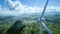 Technician standing on a wind turbine overlooking a mountainous landscape.