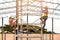 Technicians in safety clothing are climbing scaffolding. Friends go up and check the strength of the metal roof part of the