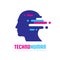 Techno human head vector logo concept illustration. Creative idea sign. Learning icon. People computer chip. Innovation technology