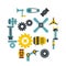 Techno mechanisms kit icons set in flat style