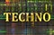 Techno word in gold with electronic background