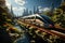 A technological urban landscape with a high-speed train crossing a bridge