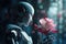 Technologies impact on nature concept. Humanoid robot holding a beautiful flower. Generative AI