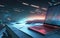 Technology background with laptop and dynamic neon lights, science futuristic 3d illustration