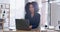 Technology, businesswoman typing on laptop and happy at her desk in a modern workplace office, Portrait or social