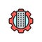 Technology city, building with gear wheel, town department flat color line icon